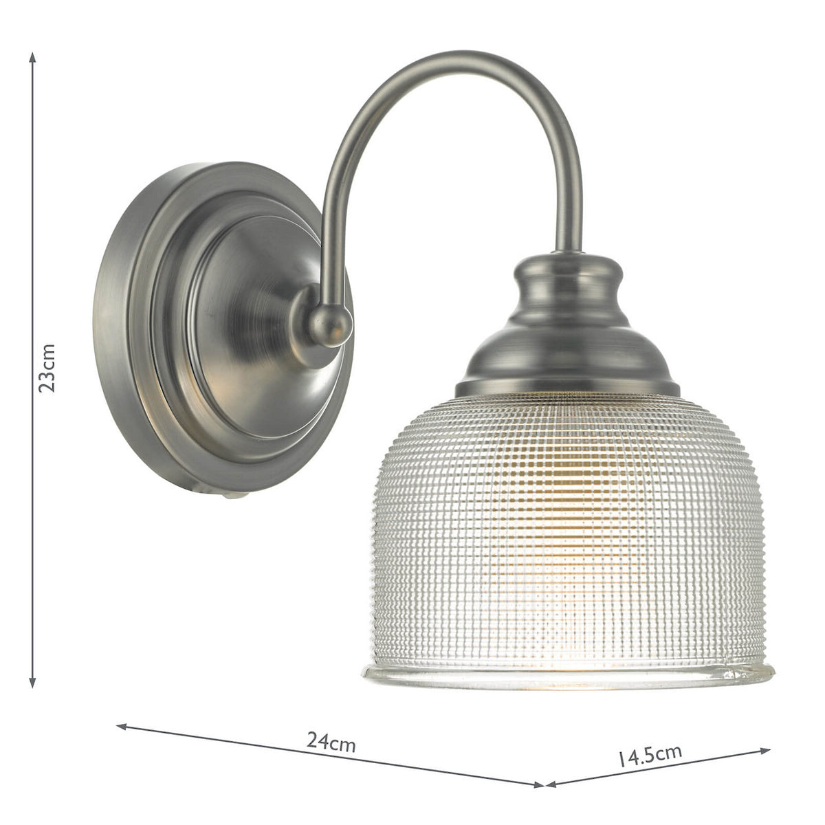 Brushed steel wall light with a curved arm and a textured glass dome shade, showing dimensions.