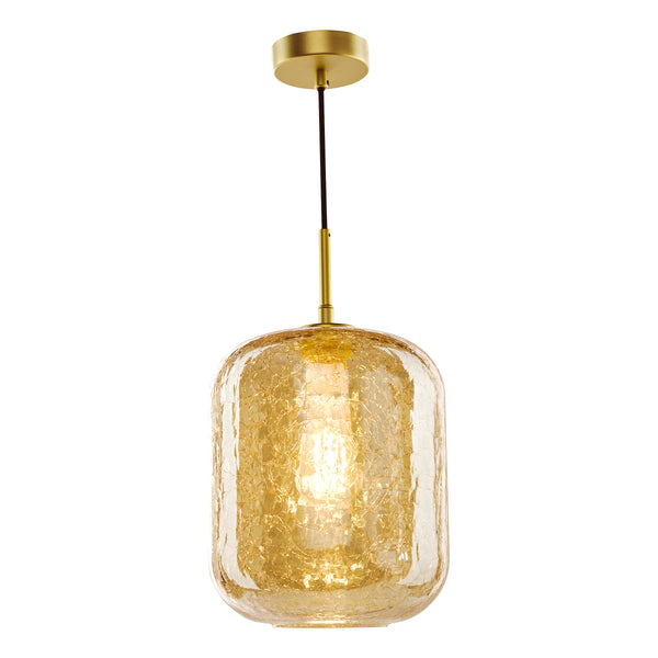 Gold pendant light with a cylindrical cracked glass shade