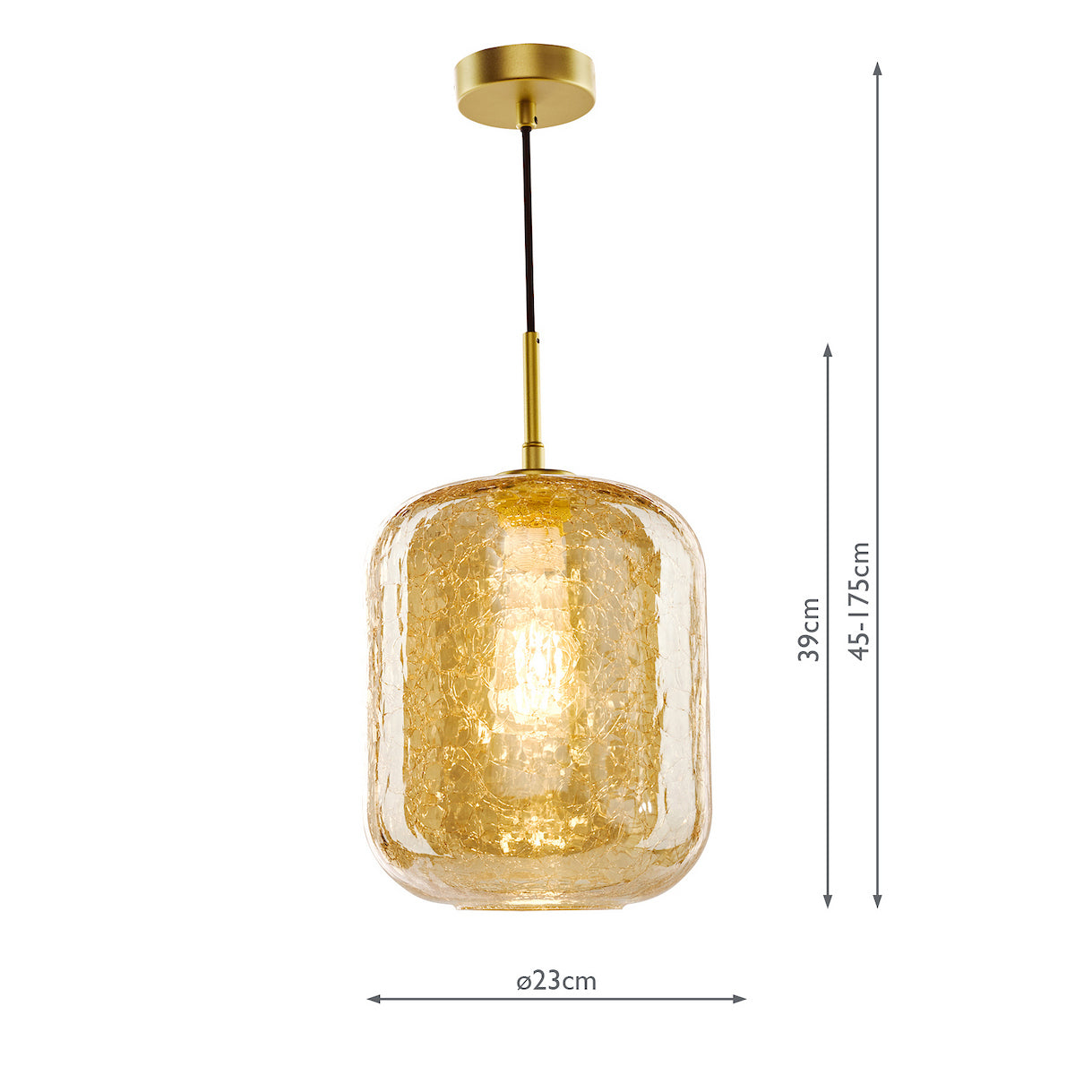 Gold pendant light with a textured glass shade and visible measurements