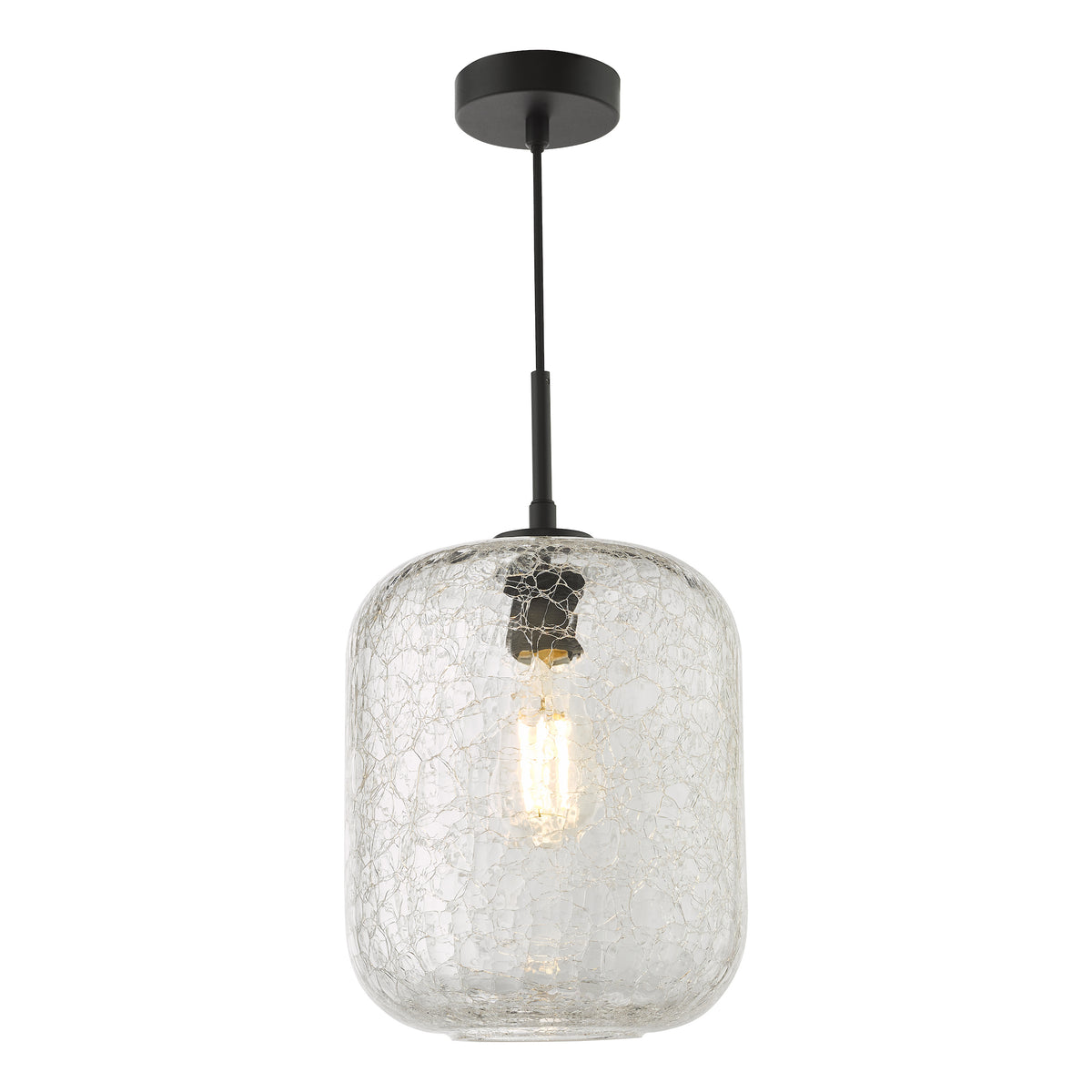 Clear glass pendant light with a crackled texture and a black ceiling rose