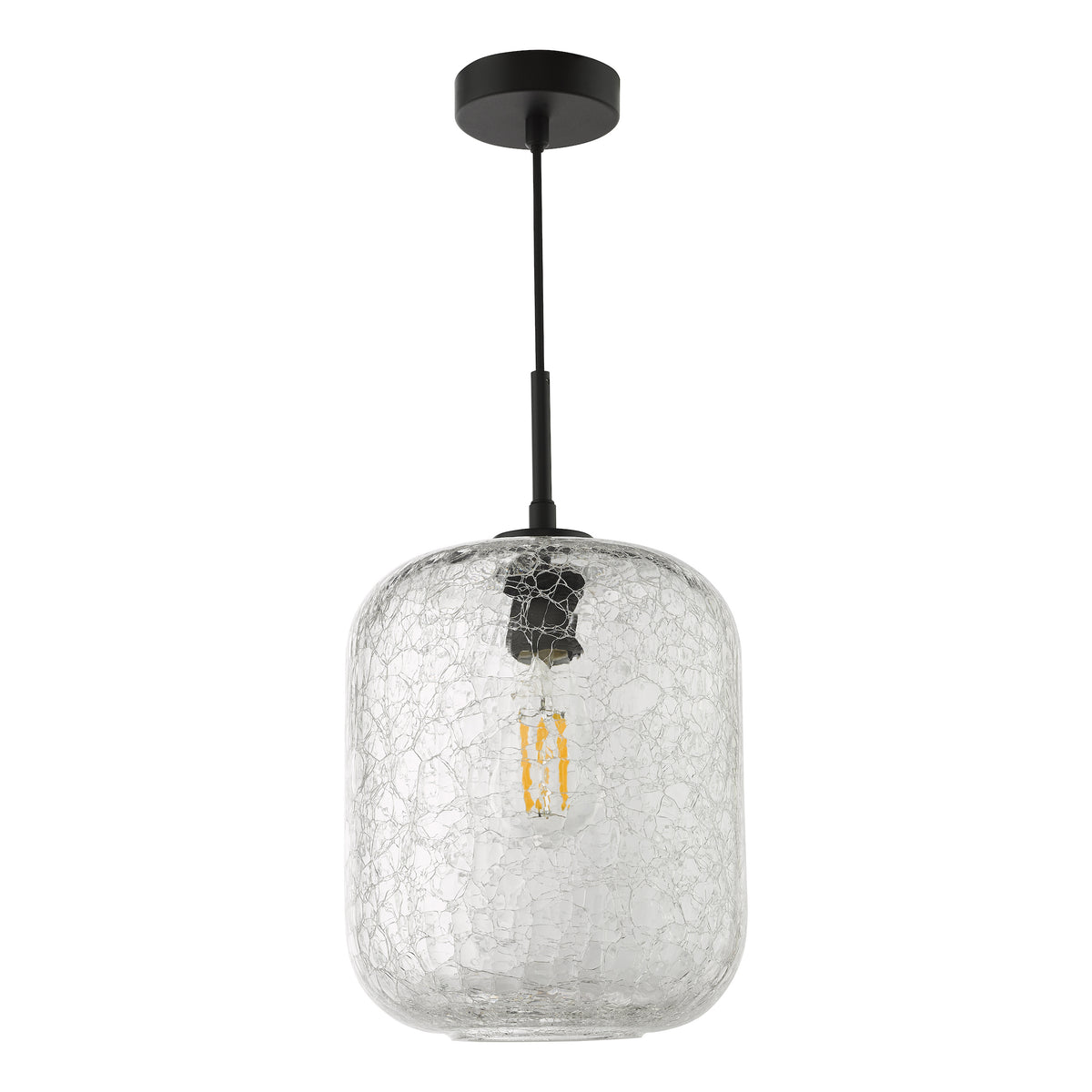 Clear crackle glass pendant light with black ceiling rose and cable, featuring an exposed filament bulb