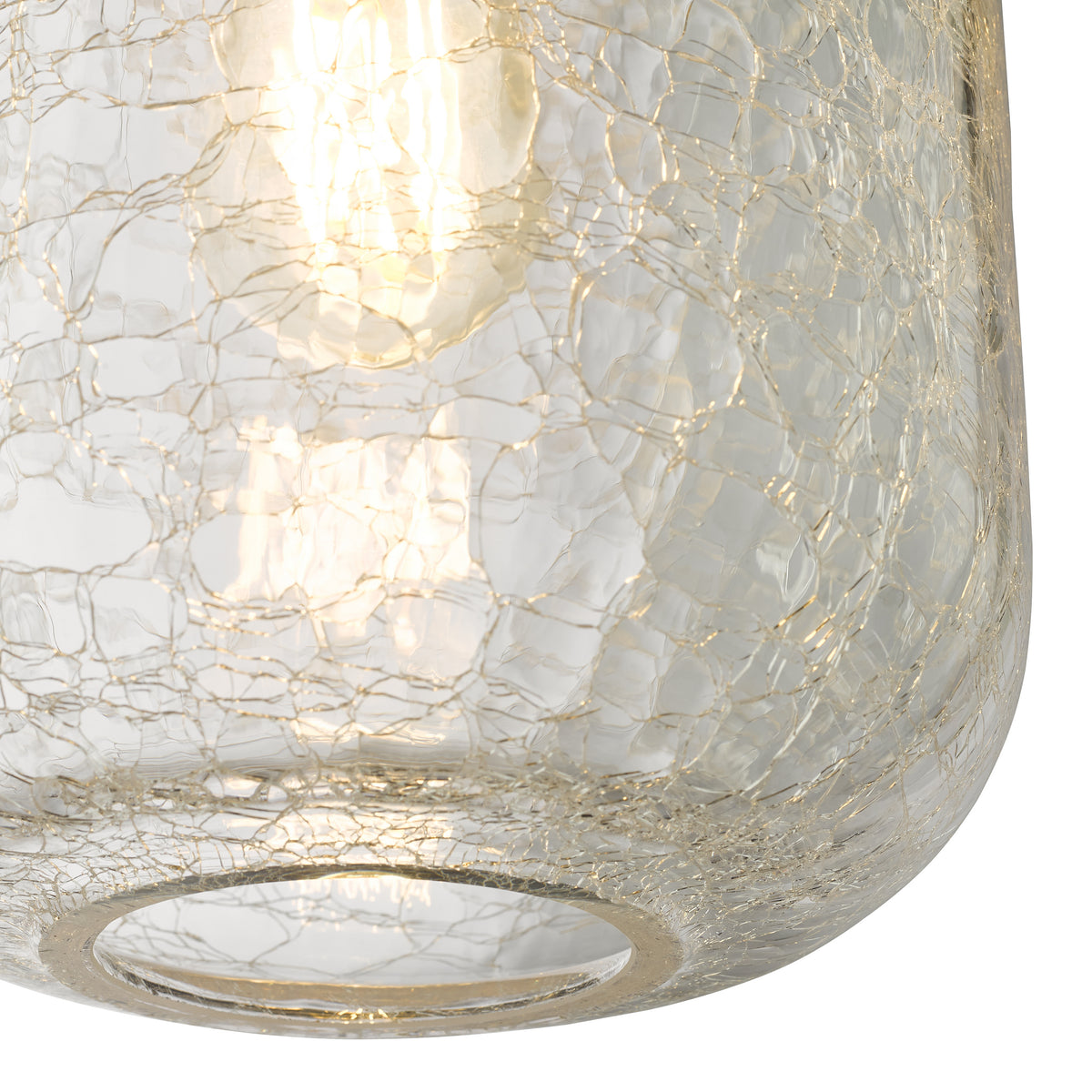 Close up of a clear glass light shade with a crackled texture and a light bulb inside
