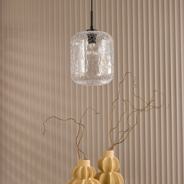 Cracked glass pendant light with two decorative vases and branches