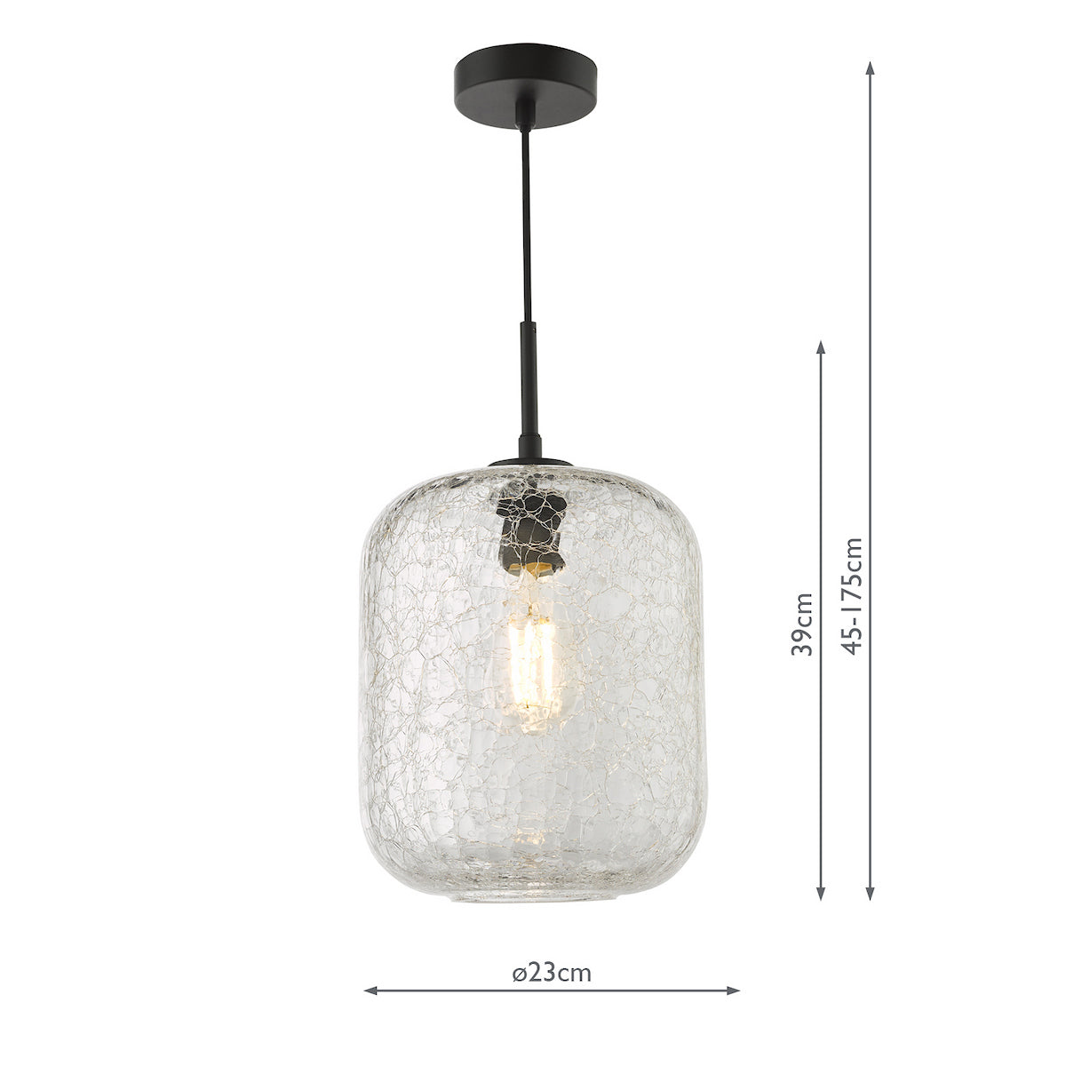 Black pendant light with a clear crackled glass shade and exposed bulb, with dimensions