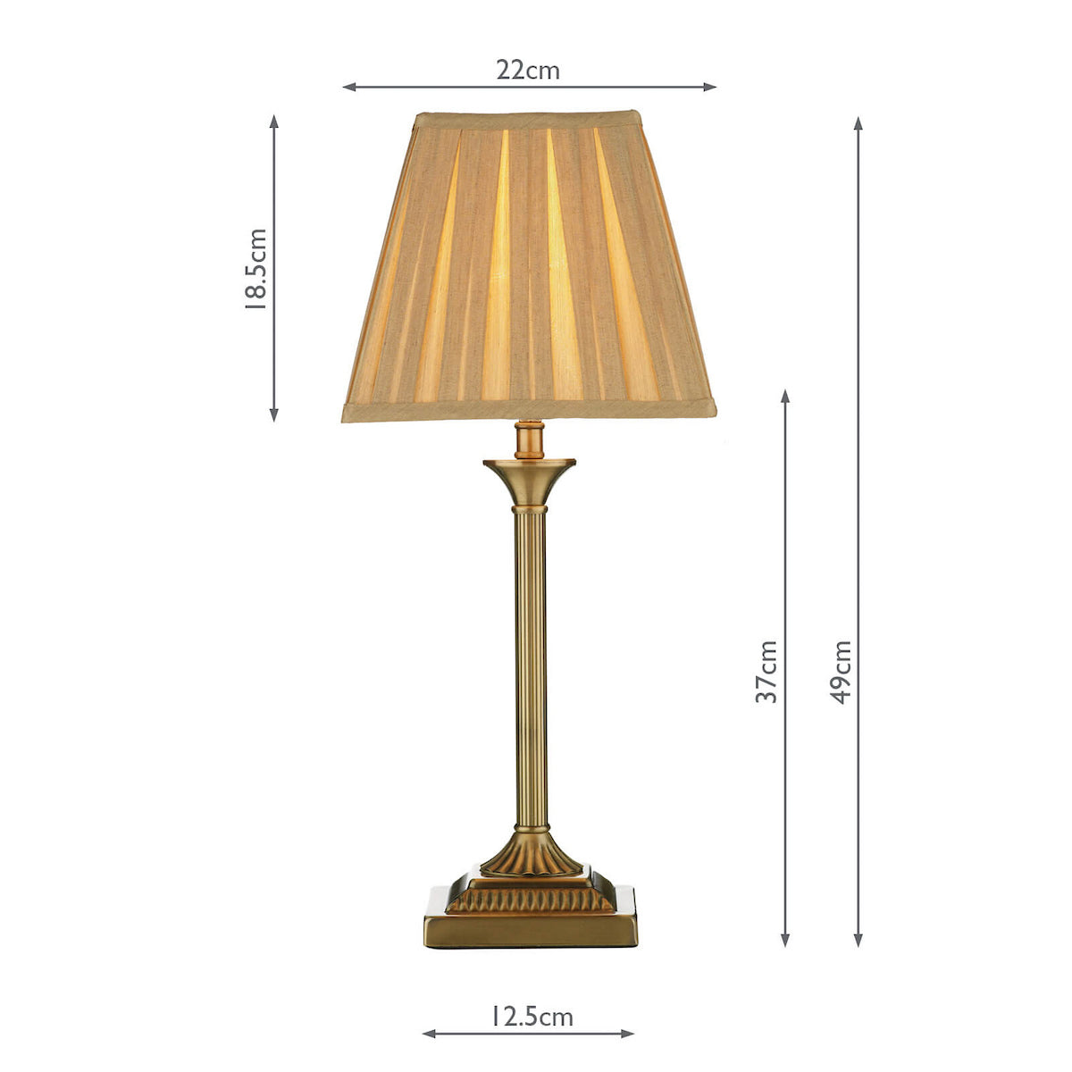 A brass table lamp with a pleated fabric shade, showing dimensions of 49cm total height.