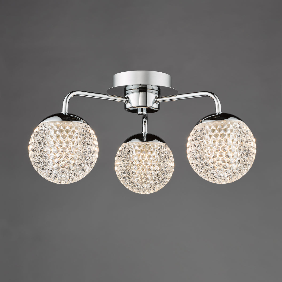 Teva Three Light Semi Flush IP44 Ceiling Light In Polished Chrome with Faceted Acrylic Shades