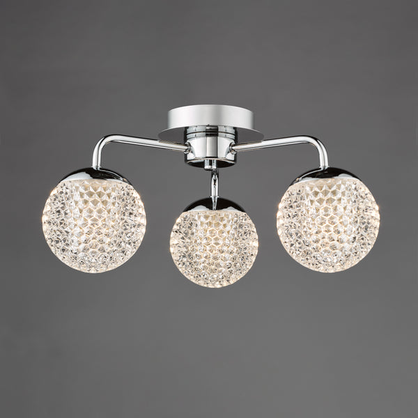 Teva Three Light Semi Flush IP44 Ceiling Light In Polished Chrome with Faceted Acrylic Shades