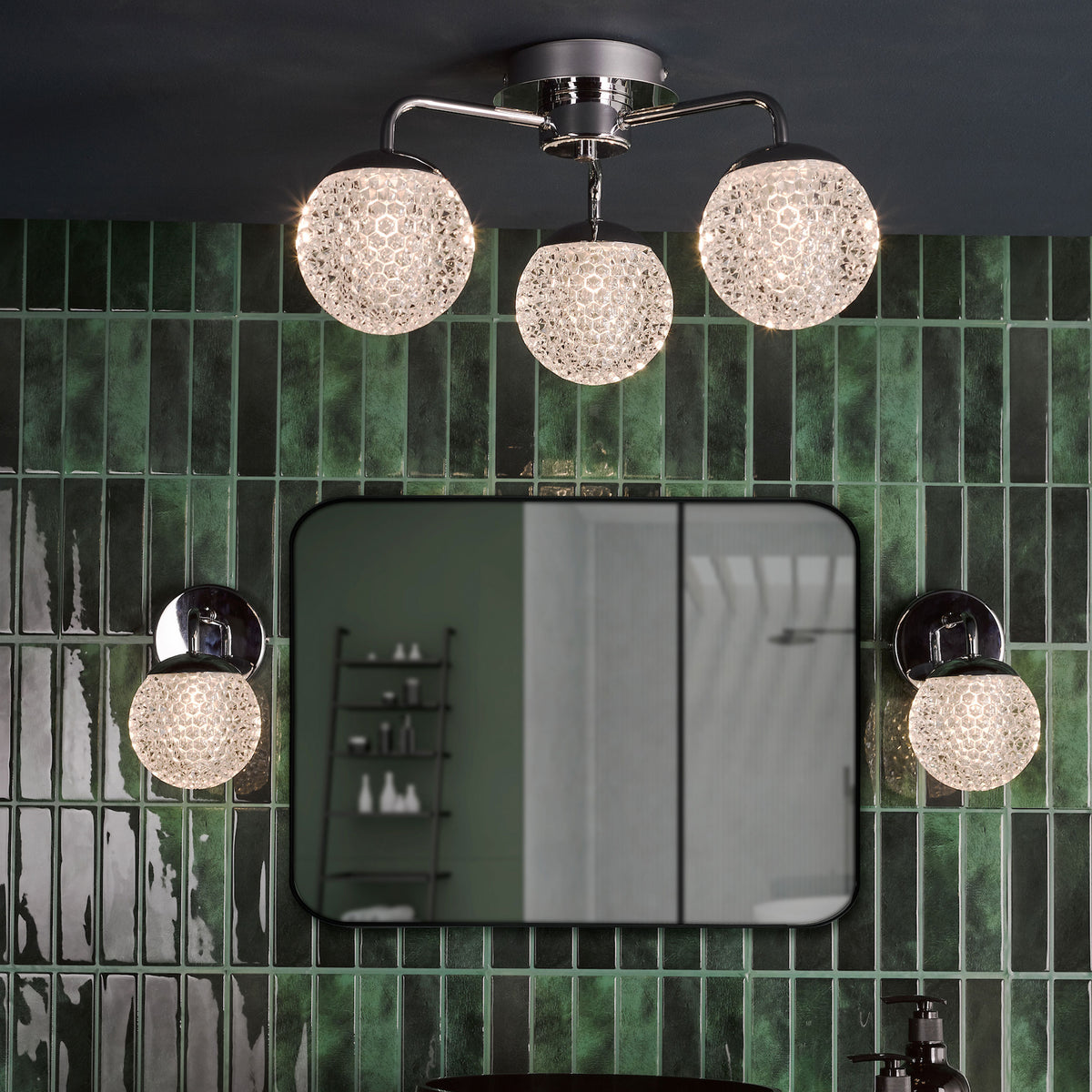 Teva Three Light Semi Flush IP44 Ceiling Light In Polished Chrome with Faceted Acrylic Shades