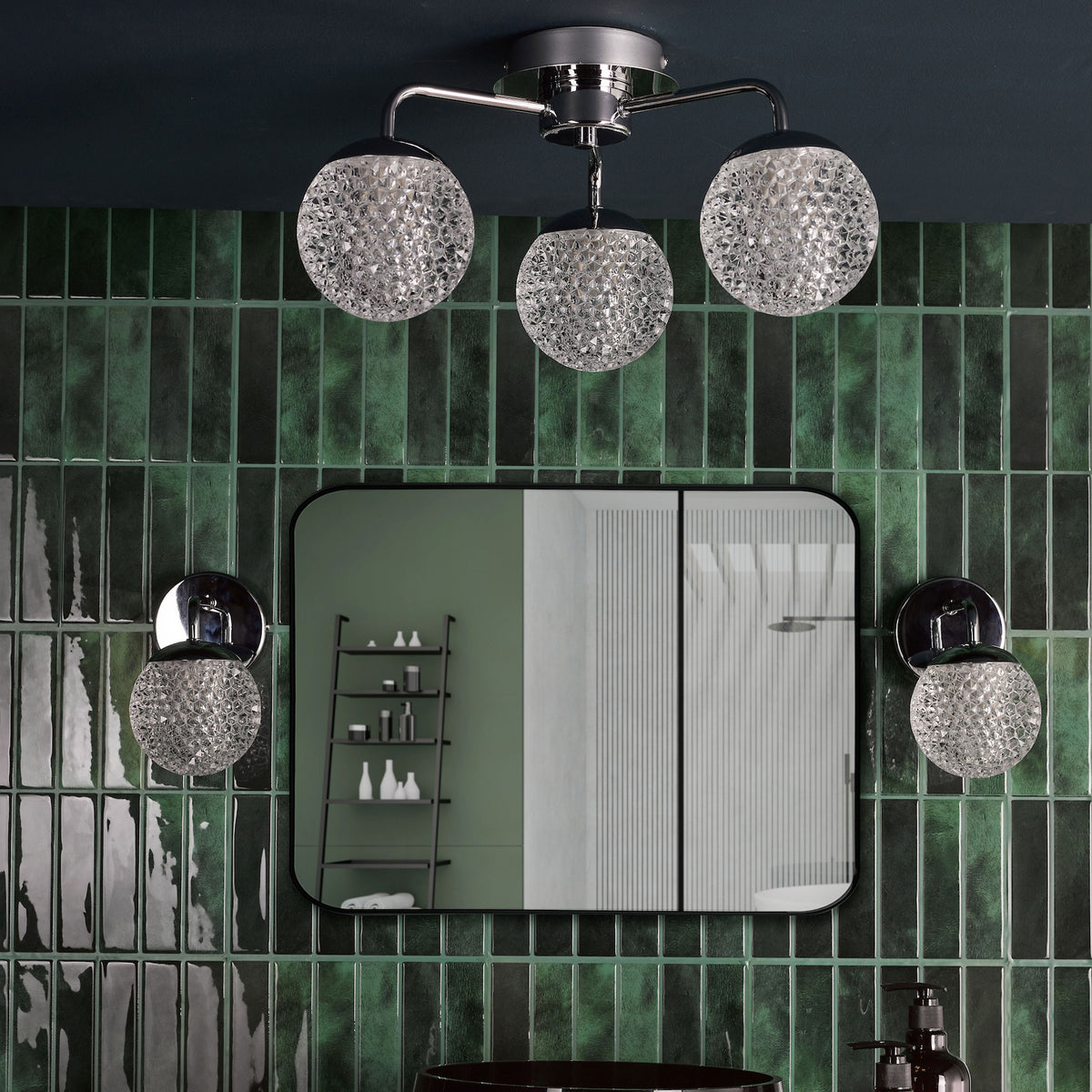 Teva Three Light Semi Flush IP44 Ceiling Light In Polished Chrome with Faceted Acrylic Shades