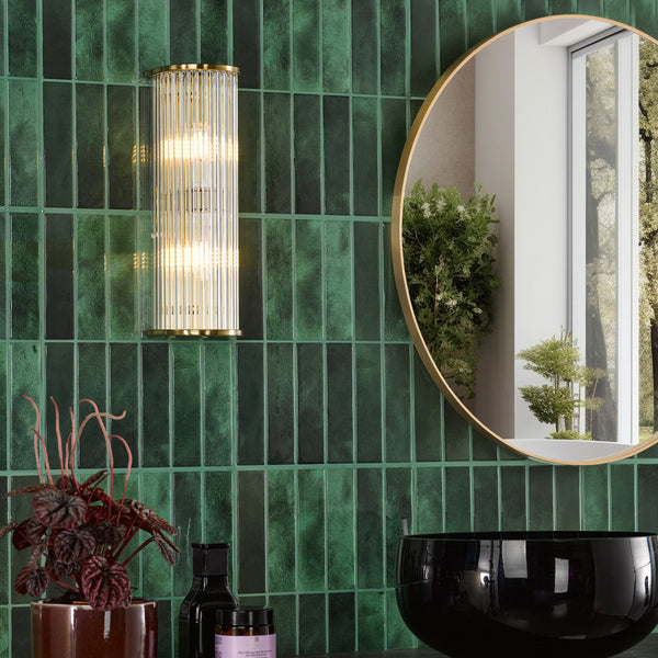 Tobiah IP44 Bathroom Wall Light in Natural Brass with Clear Glass Rods