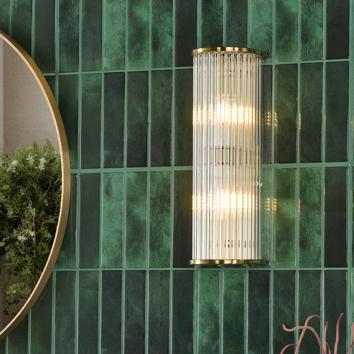 Tobiah IP44 Bathroom Wall Light in Natural Brass with Clear Glass Rods