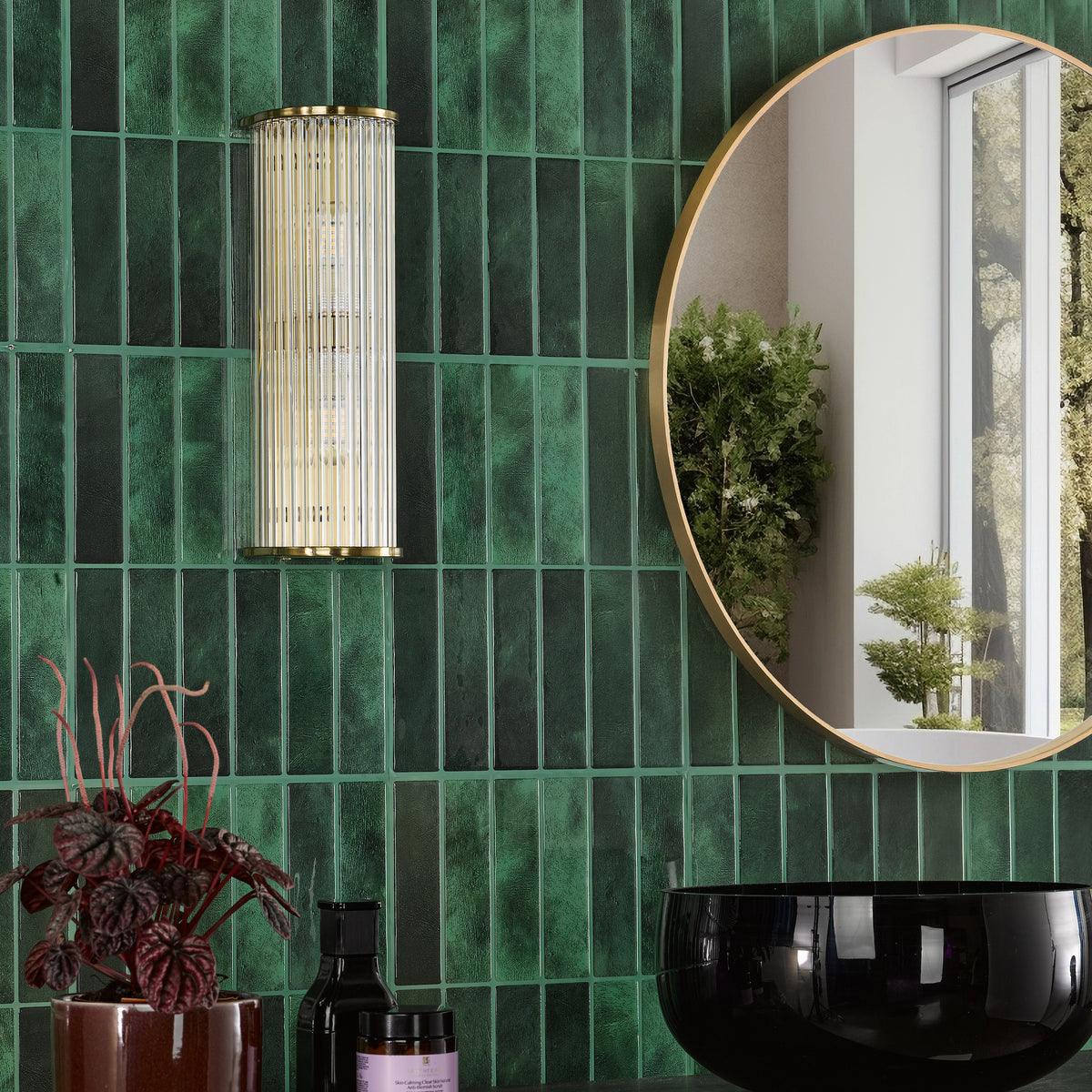 Tobiah IP44 Bathroom Wall Light in Natural Brass with Clear Glass Rods