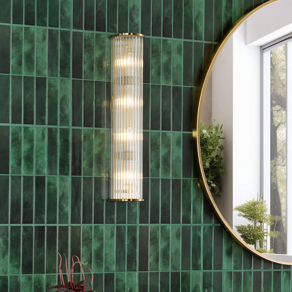 Tobiah IP44 Large Bathroom Wall Light in Natural Brass with Clear Glass Rods