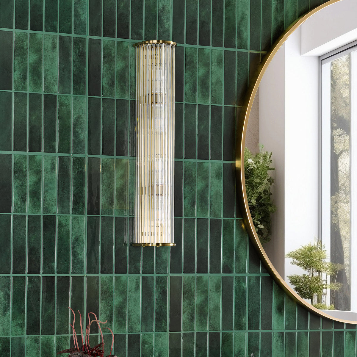 Tobiah IP44 Large Bathroom Wall Light in Natural Brass with Clear Glass Rods