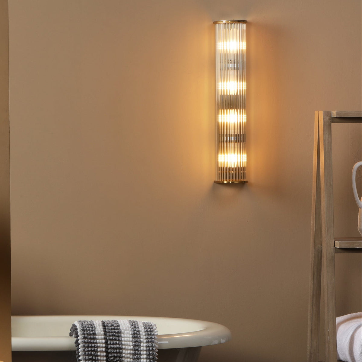 Tobiah IP44 Large Bathroom Wall Light in Natural Brass with Clear Glass Rods