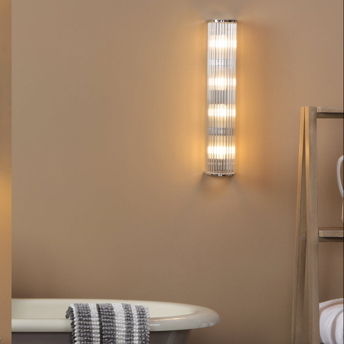 Tobiah IP44 Large Bathroom Wall Light in Polished Chrome with Clear Glass Rods