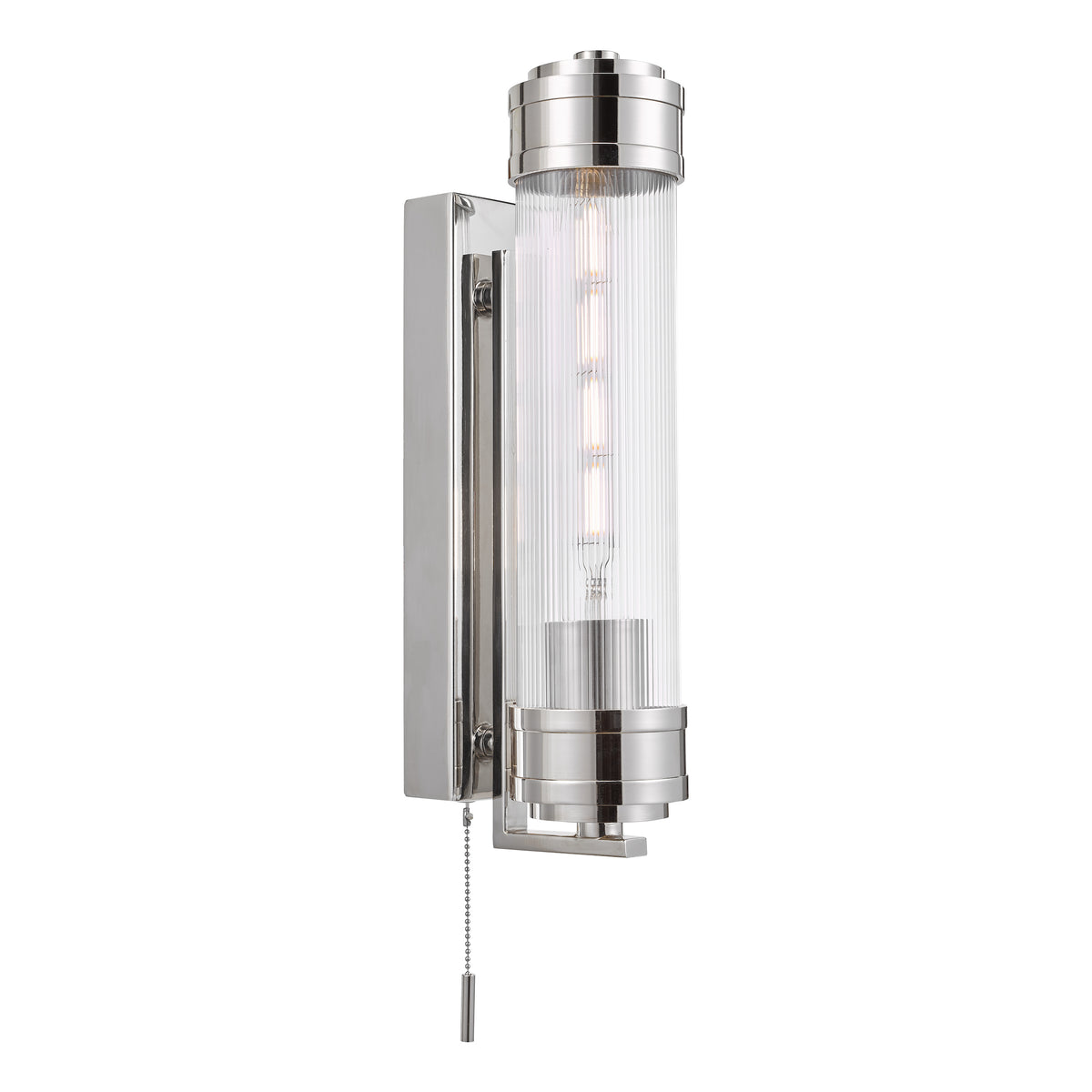 Polished chrome wall light with a ribbed glass shade and a pull chain