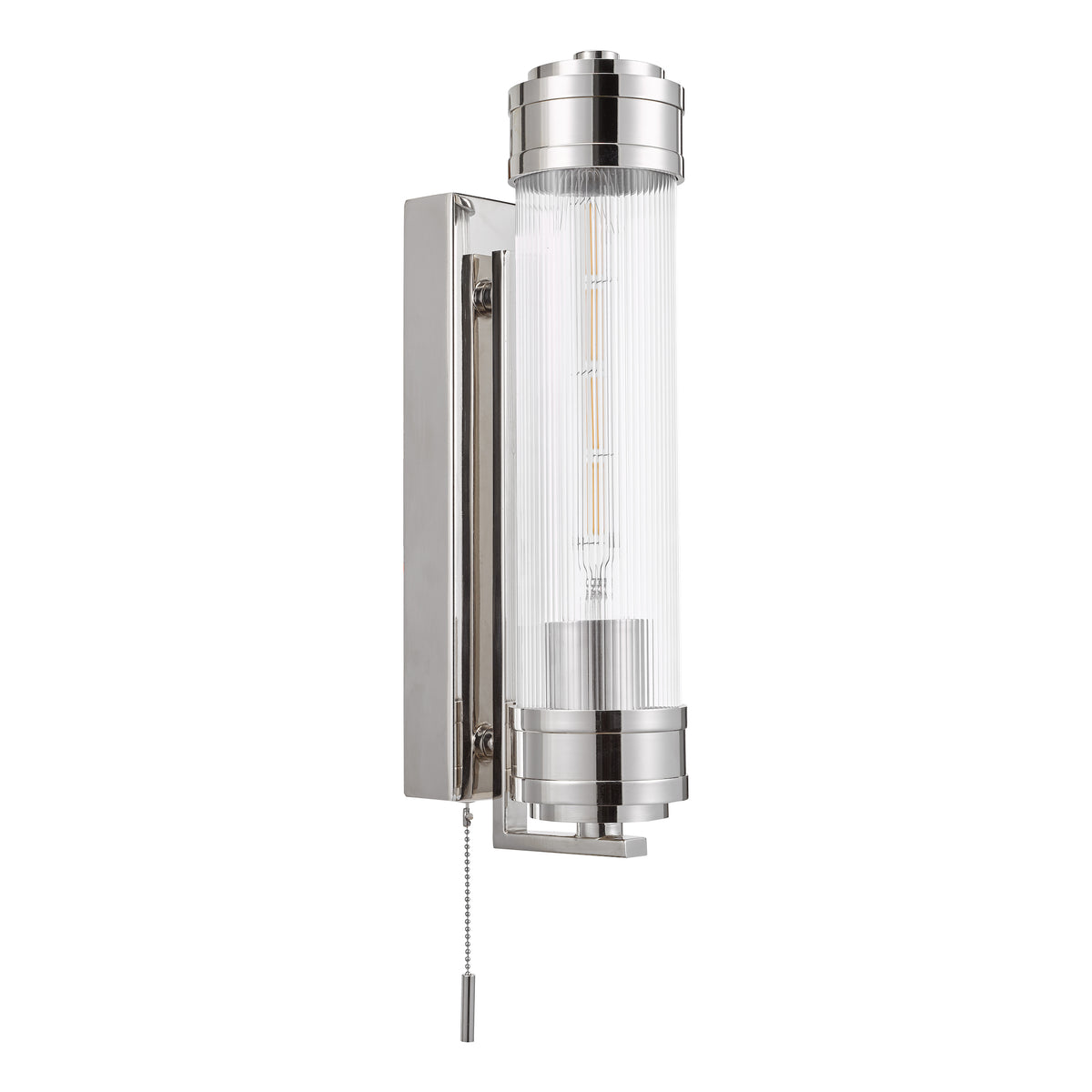 Polished nickel wall light with ribbed glass shade and pull chain