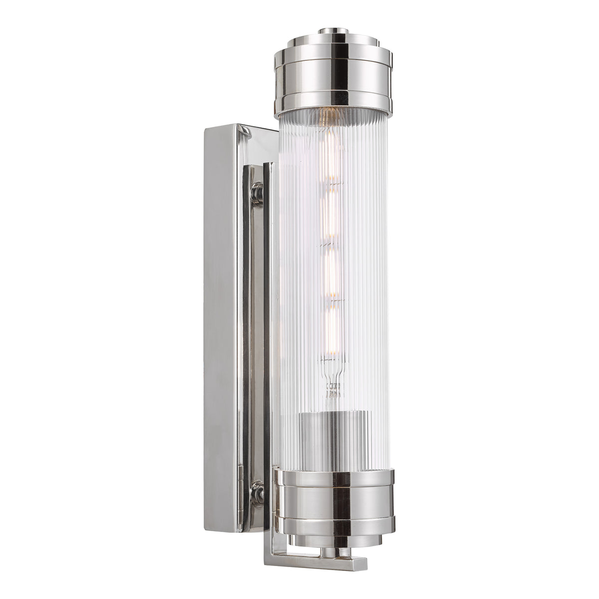 Polished nickel wall sconce with a ribbed glass cylinder shade and exposed filament bulbs