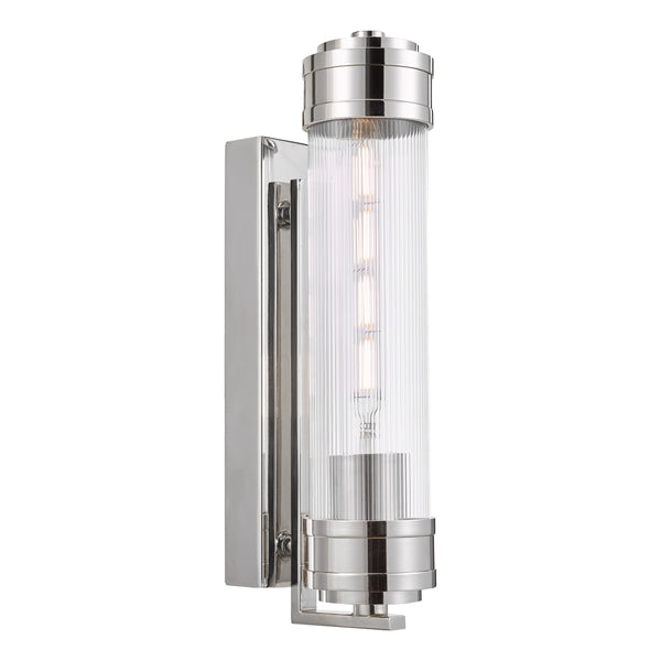 Polished nickel wall sconce with a ribbed glass cylinder shade and exposed filament bulbs