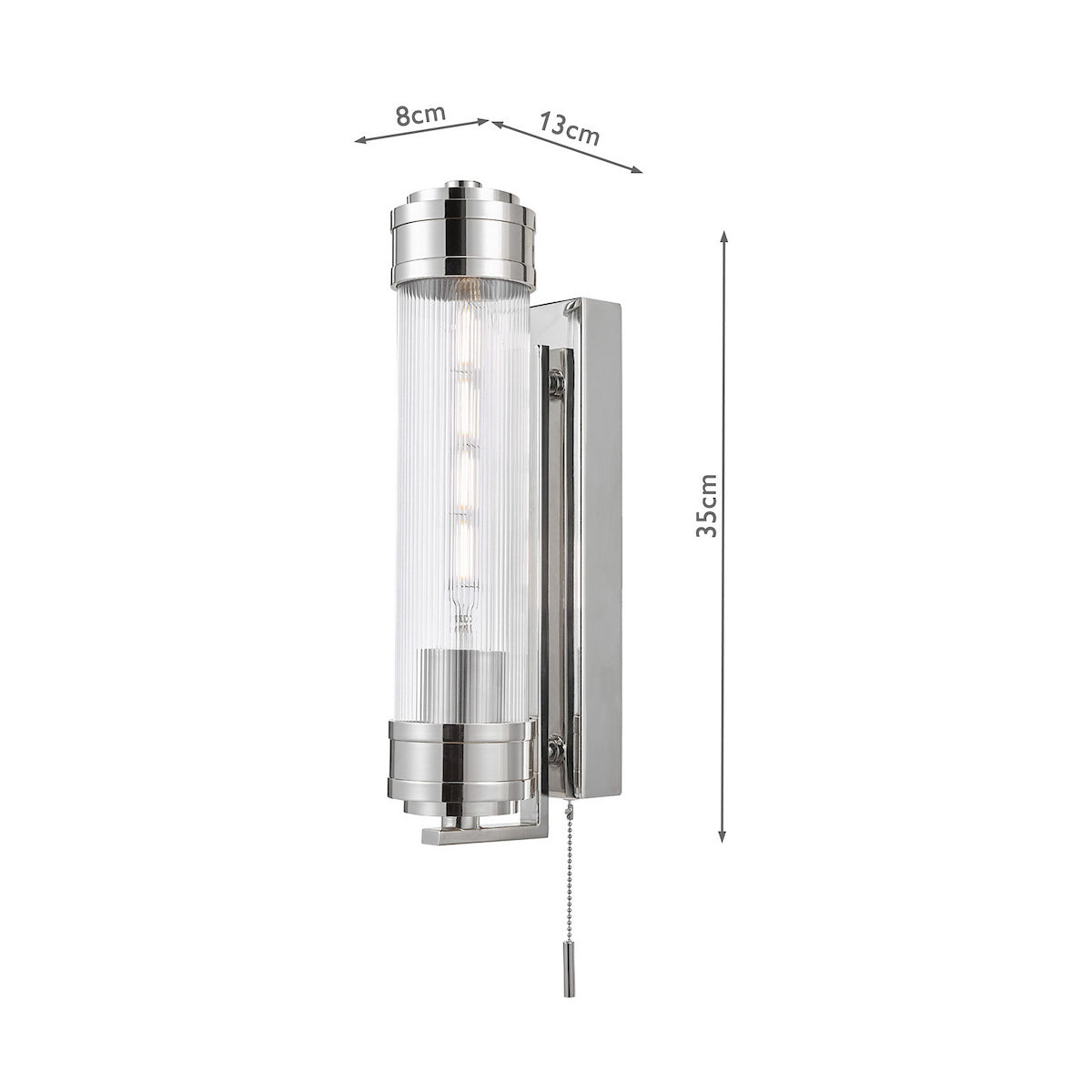 Chrome wall light with ribbed glass shade and pull cord switch, dimensions 35cm high, 8cm wide, 13cm deep