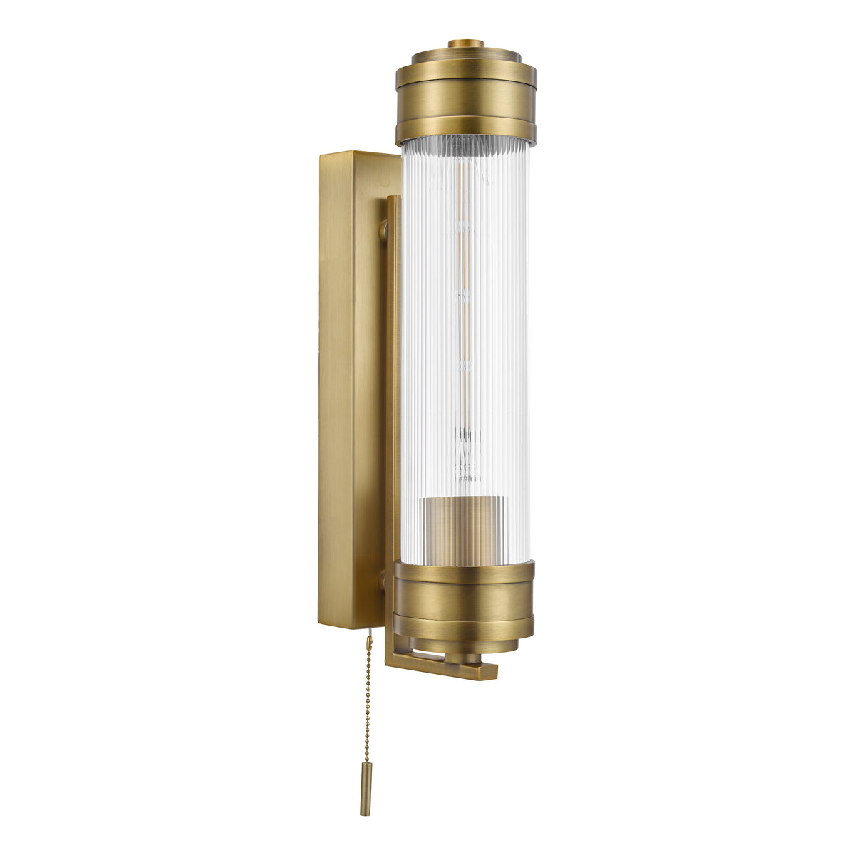 Brass wall sconce with a fluted glass shade and a pull chain switch