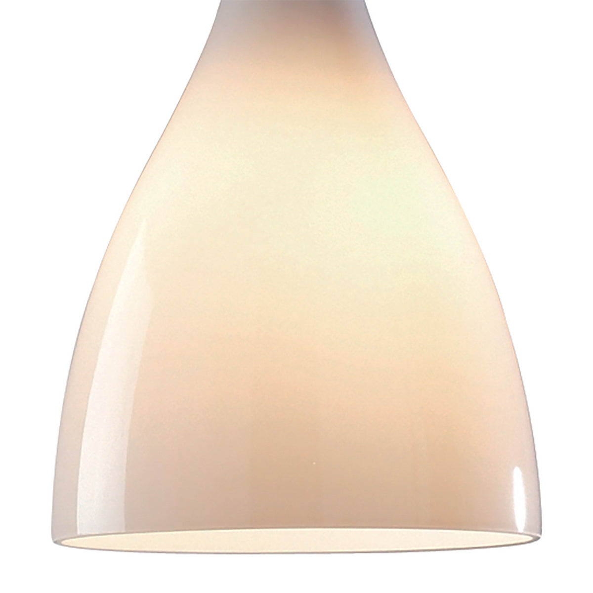 Close-up of a white, bell-shaped pendant light fixture with a soft glow.