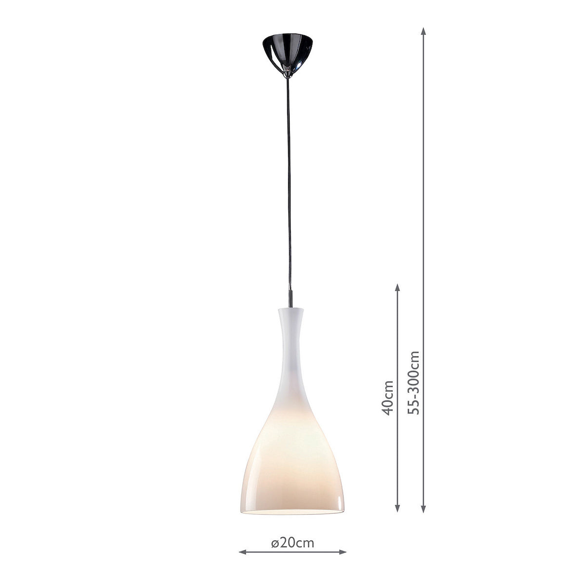 White pendant light with a sleek, modern design and adjustable height, shown with dimensions.
