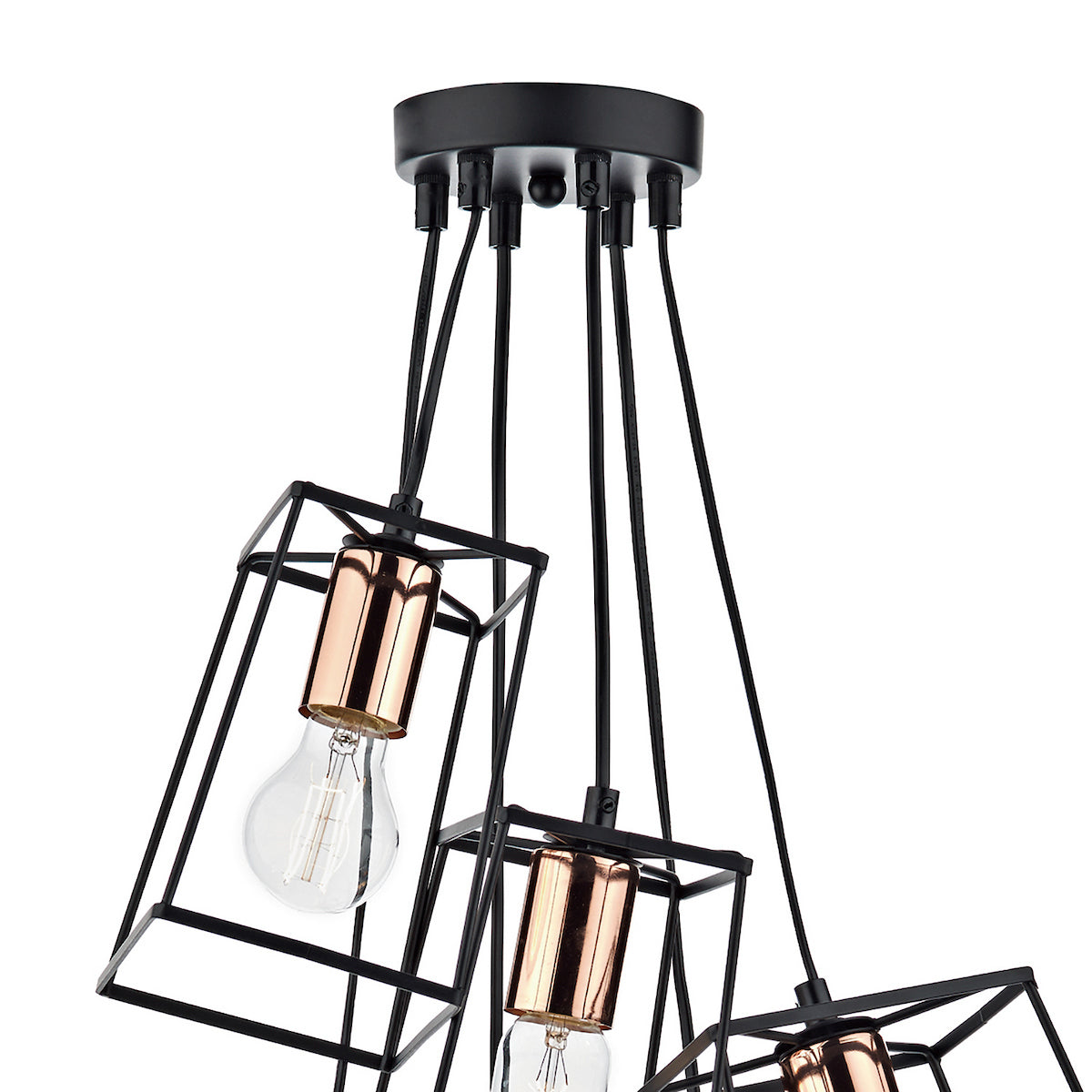 Black and copper pendant light fixture with three exposed bulbs, hanging from a black ceiling mount.