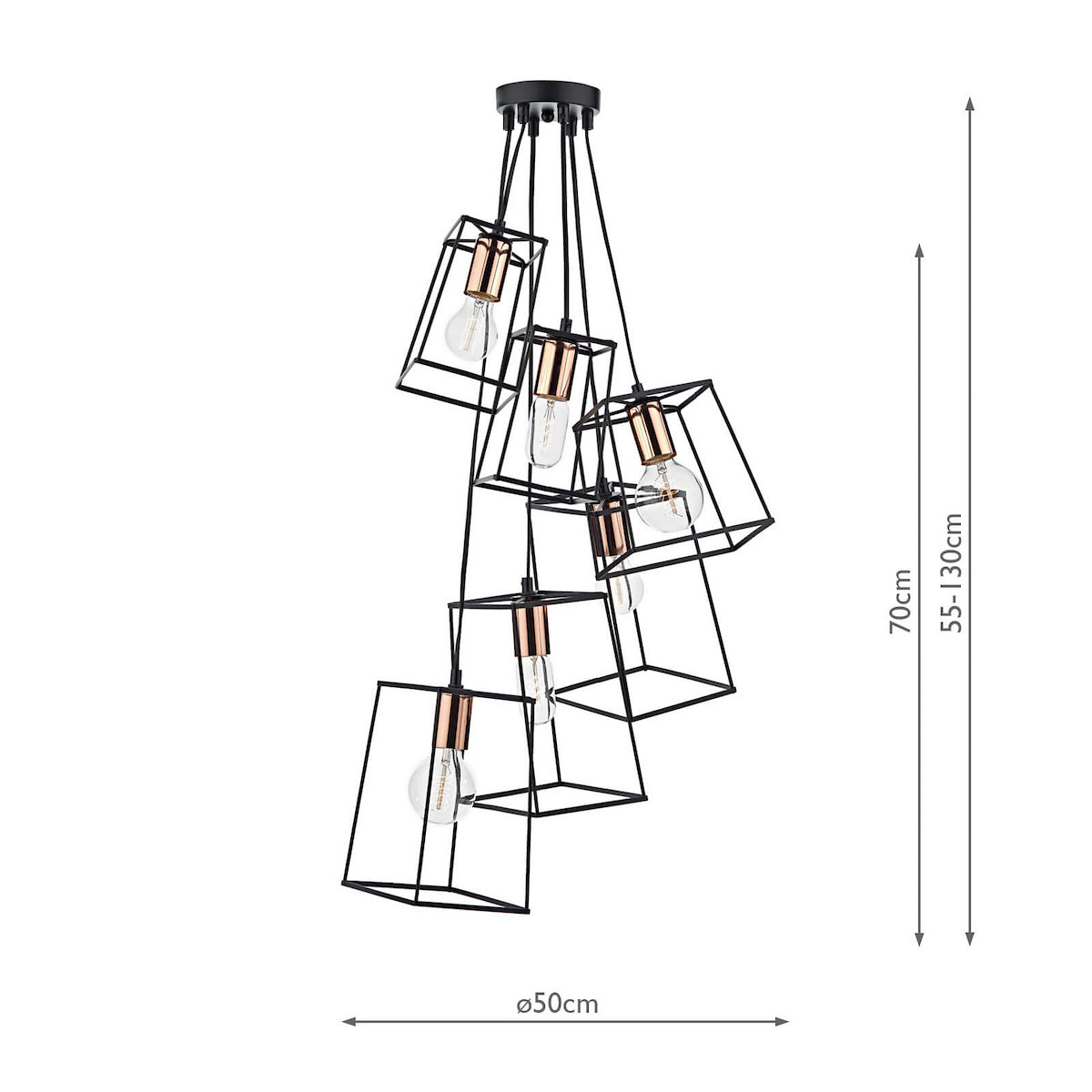 Black geometric chandelier with five exposed bulbs and copper accents, showing dimensions.