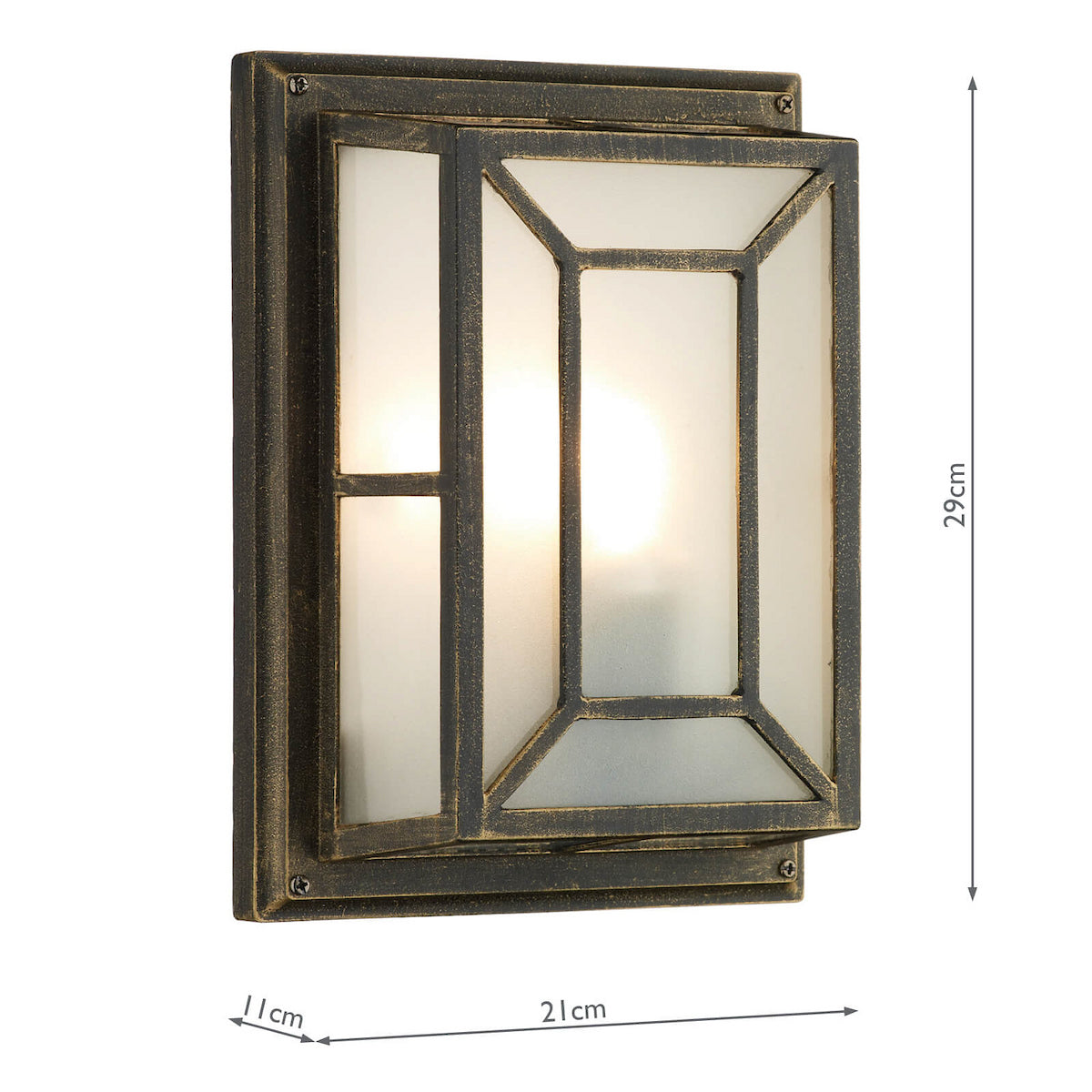 Rectangular outdoor wall light with frosted glass and an antique bronze finish.