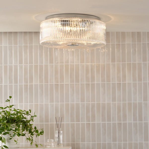 Twyman IP44 Bathroom Ceiling Light in Polished Chrome with Ribbed Glass Shade