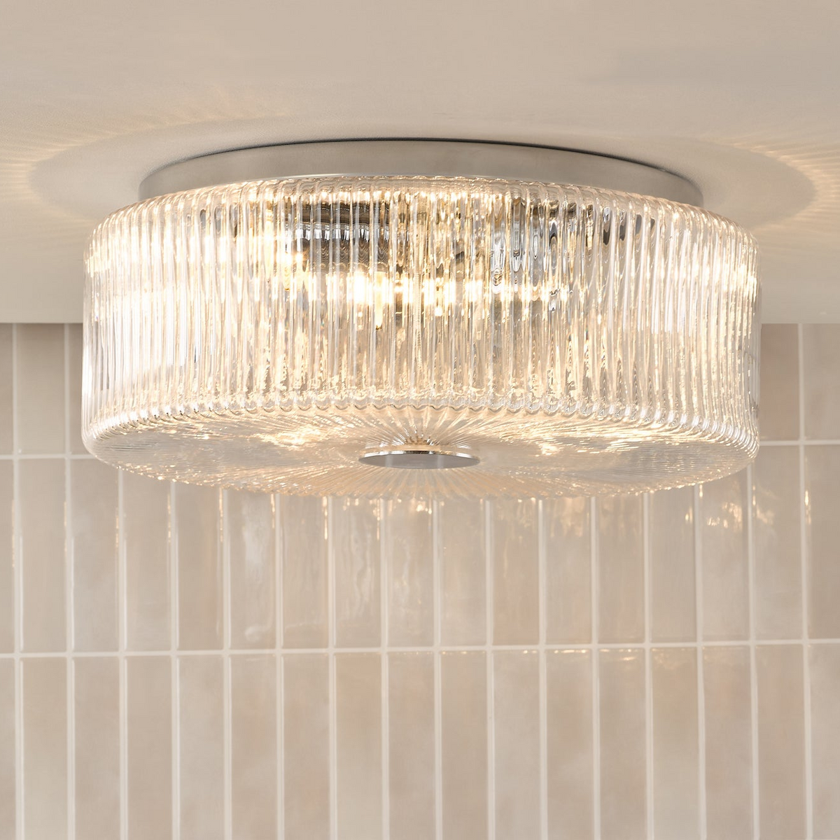 Twyman IP44 Bathroom Ceiling Light in Polished Chrome with Ribbed Glass Shade