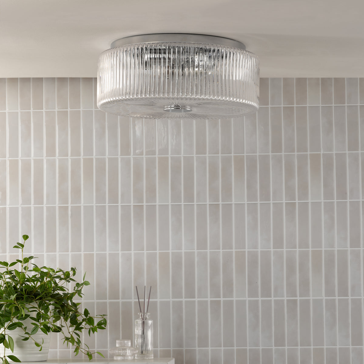 Twyman IP44 Bathroom Ceiling Light in Polished Chrome with Ribbed Glass Shade
