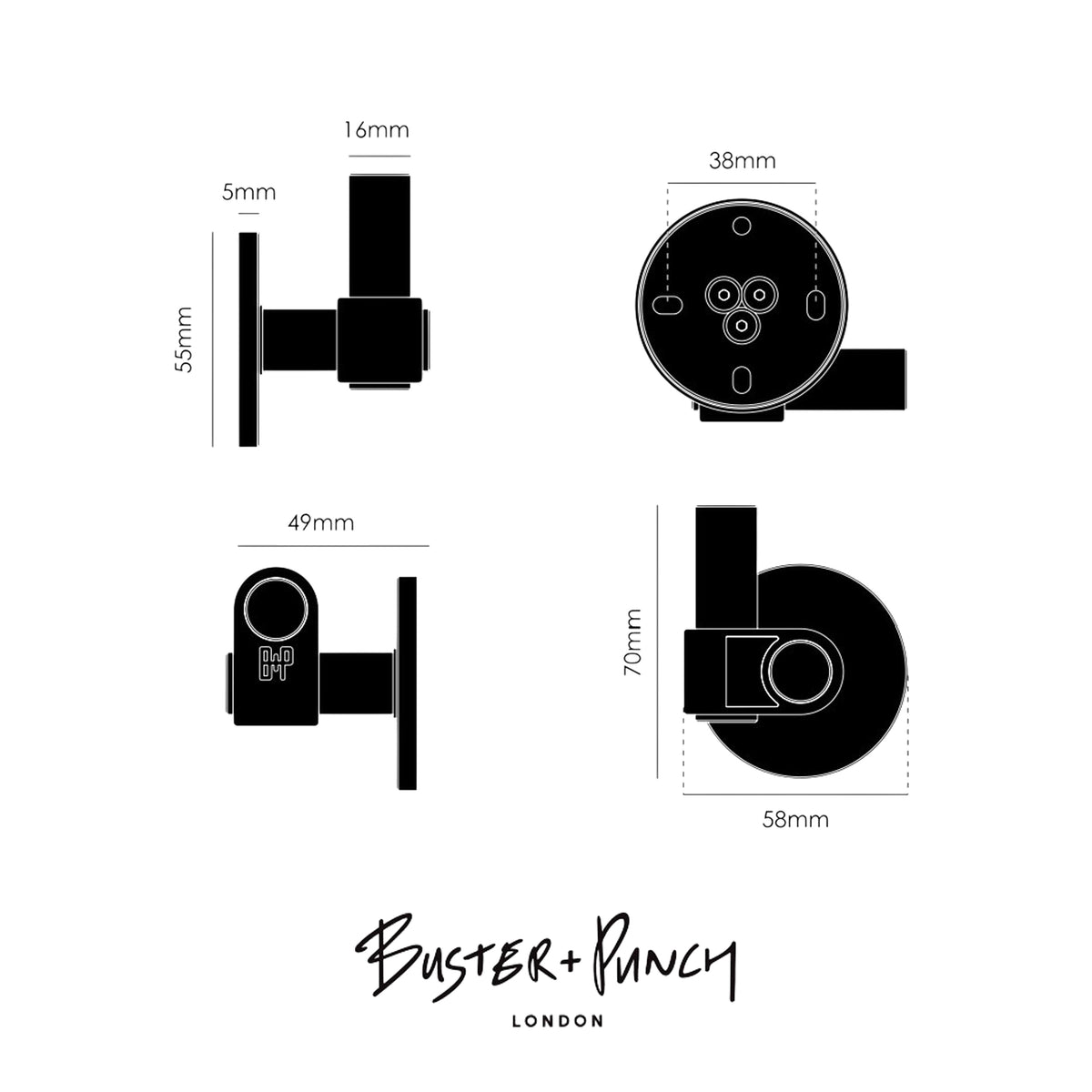 Technical drawing of a black metal door stop with dimensions in millimeters