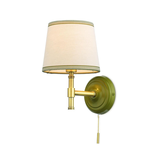 Upton Switched Wall Light in Matt Antique Brass & Matt Green with Tapered Linen Shade
