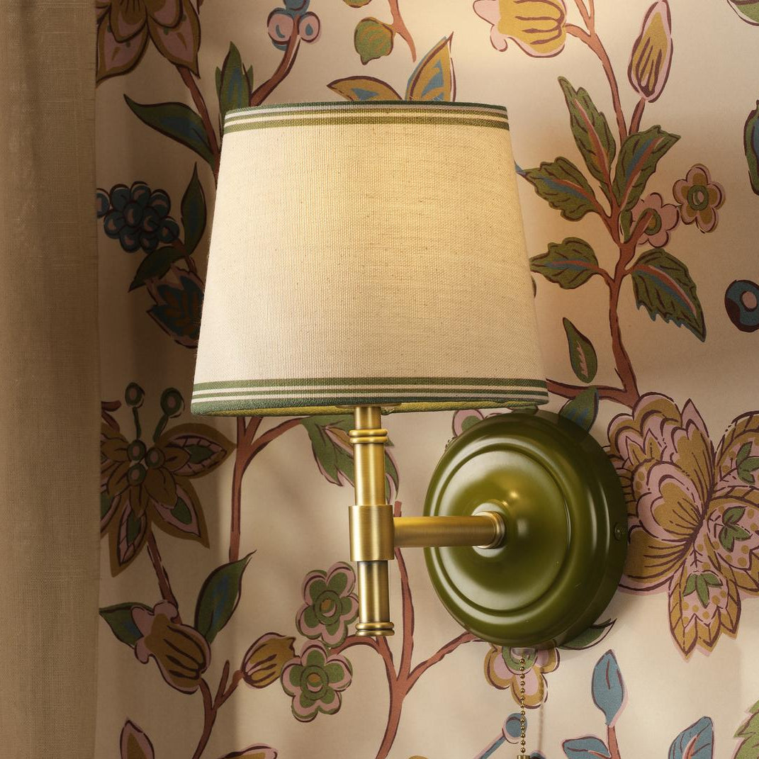 Upton Switched Wall Light in Matt Antique Brass & Matt Green with Tapered Linen Shade