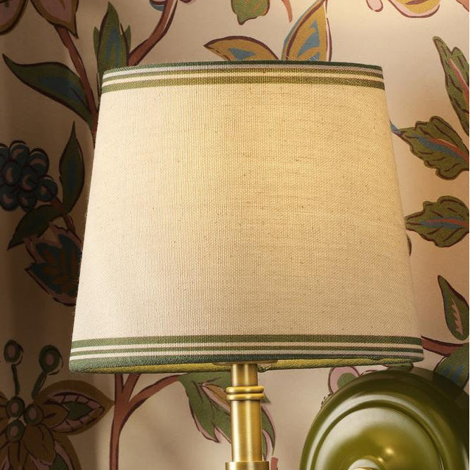 Upton Switched Wall Light in Matt Antique Brass & Matt Green with Tapered Linen Shade