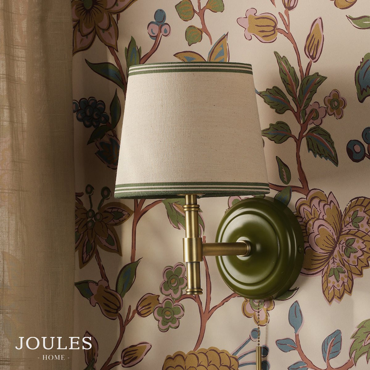Upton Switched Wall Light in Matt Antique Brass & Matt Green with Tapered Linen Shade