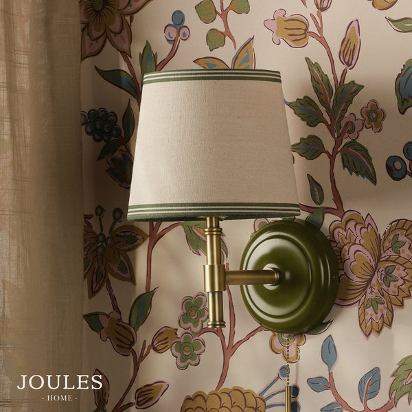 Upton Switched Wall Light in Matt Antique Brass & Matt Green with Tapered Linen Shade
