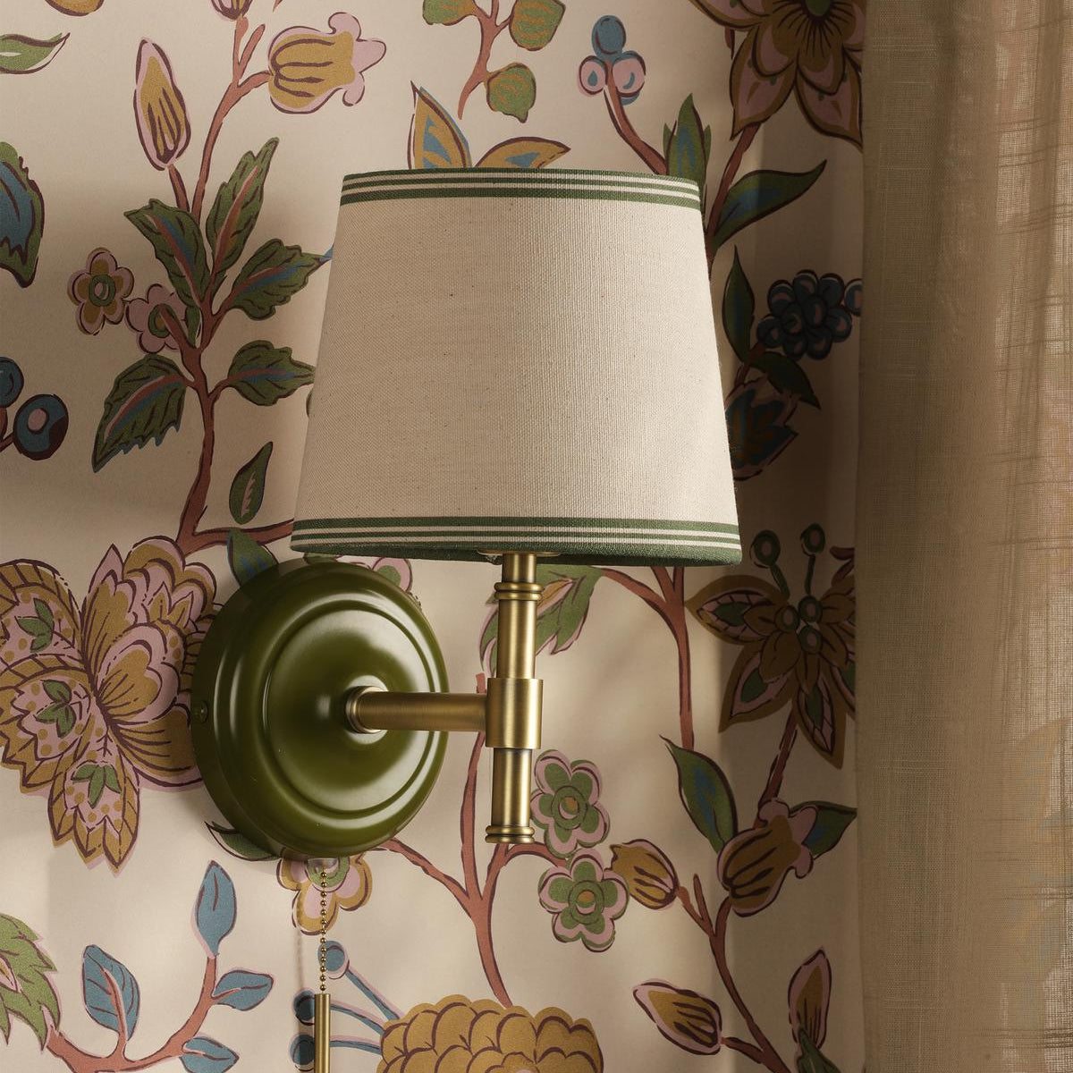 Upton Switched Wall Light in Matt Antique Brass & Matt Green with Tapered Linen Shade