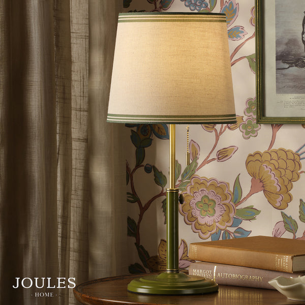 Upton Table Lamp in Matt Antique Brass & Matt Green with Tapered Linen Shade