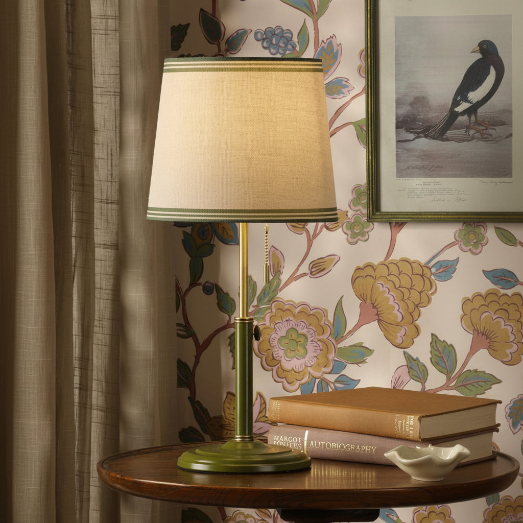Upton Table Lamp in Matt Antique Brass & Matt Green with Tapered Linen Shade