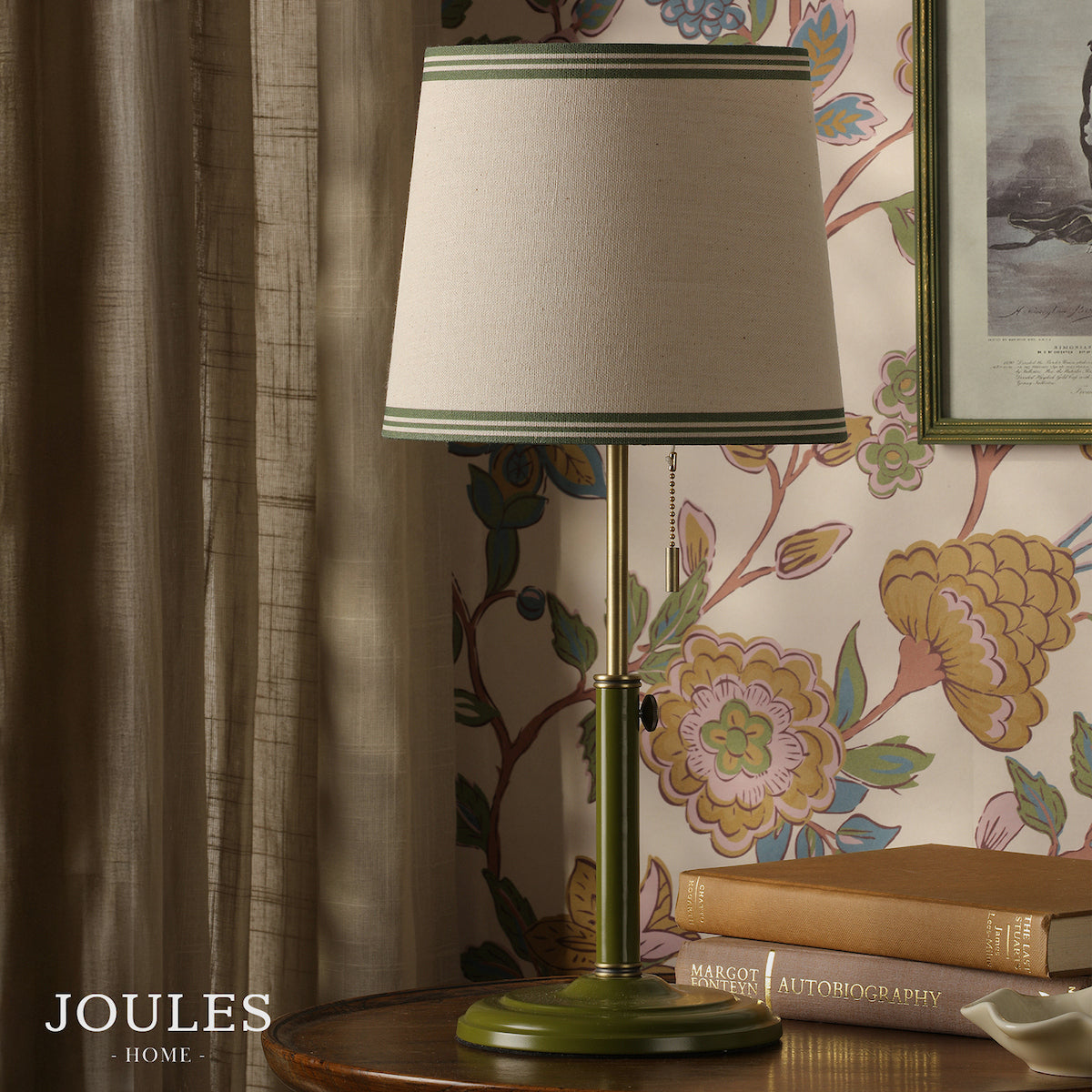 Upton Table Lamp in Matt Antique Brass & Matt Green with Tapered Linen Shade