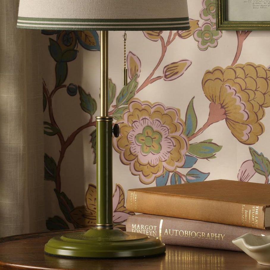 Upton Table Lamp in Matt Antique Brass & Matt Green with Tapered Linen Shade