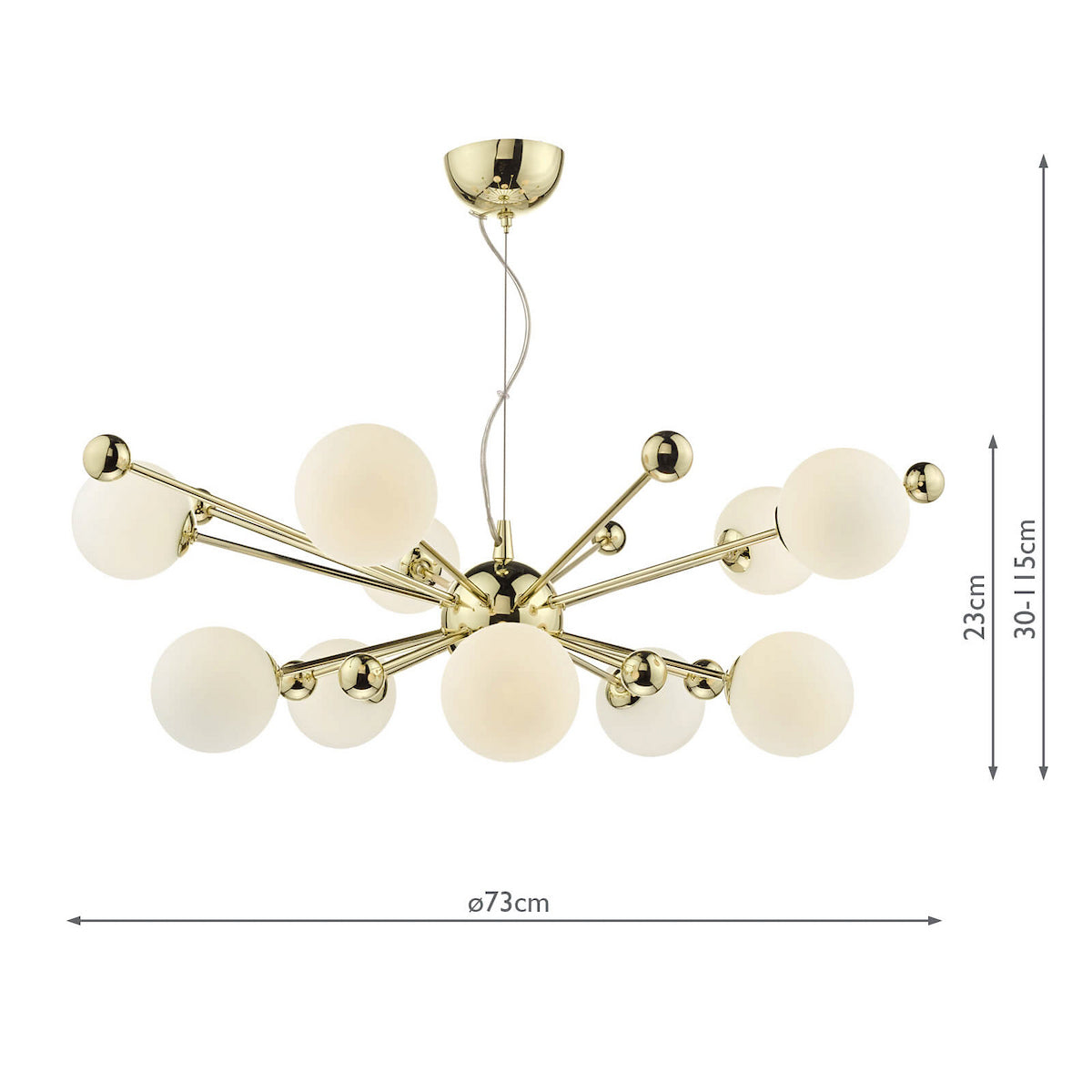 Modern gold chandelier with multiple frosted globe lights and small gold spheres on a white background.