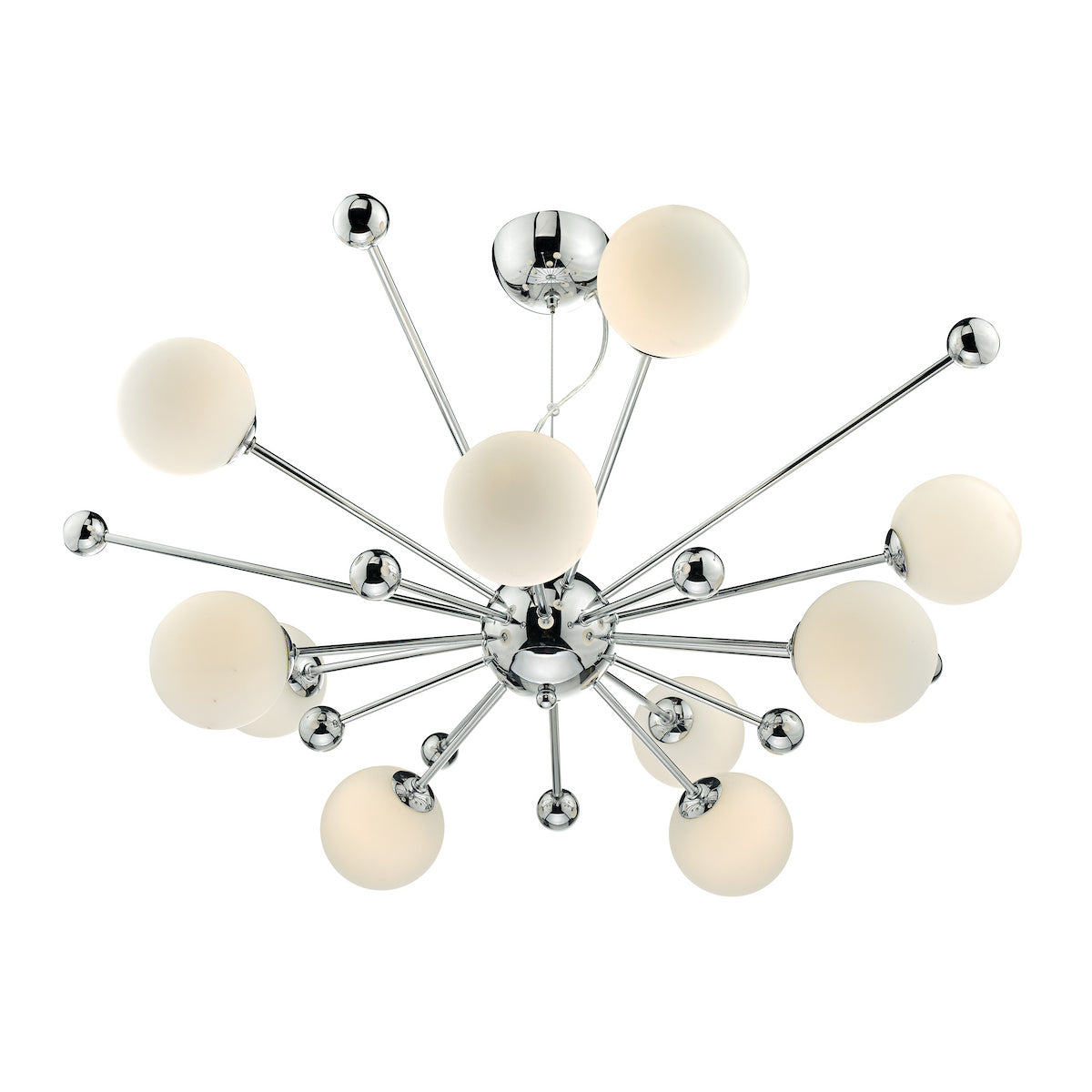 Modern chrome chandelier with multiple arms extending outwards, each holding a spherical white light fixture.
