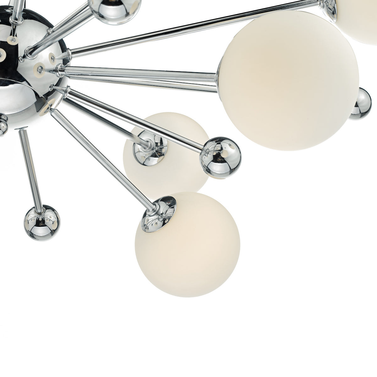 Close-up of a modern chrome chandelier with multiple white spherical lights.