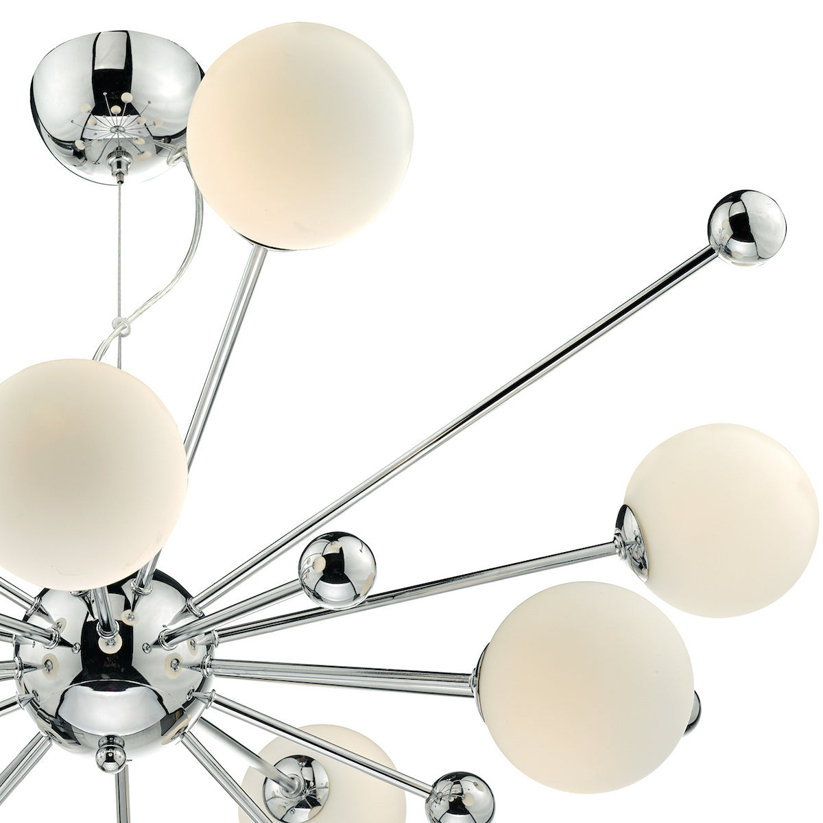 Chrome chandelier with multiple arms extending from a central sphere, each ending in a white globe light.