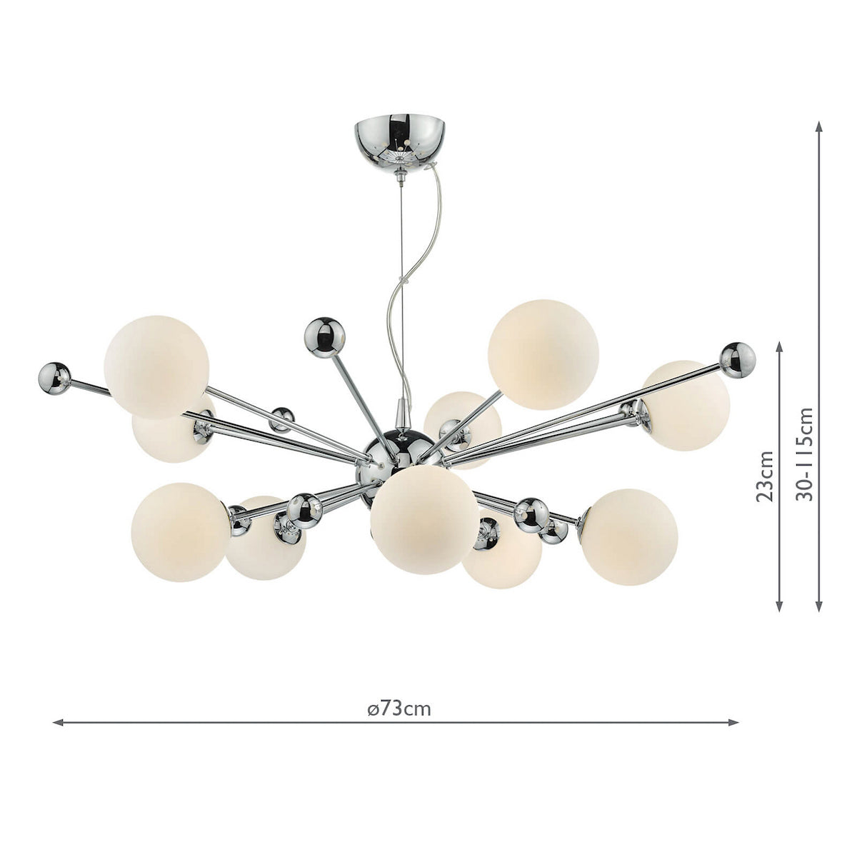 Modern chrome chandelier with multiple white spherical lights and small chrome accents.